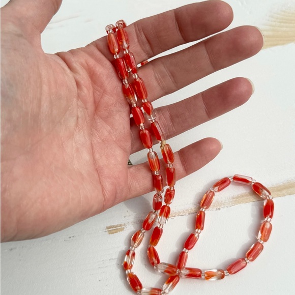 Vintage Red Givre Glass Elongated Beaded Necklace 30” Single Strand - Picture 8 of 16